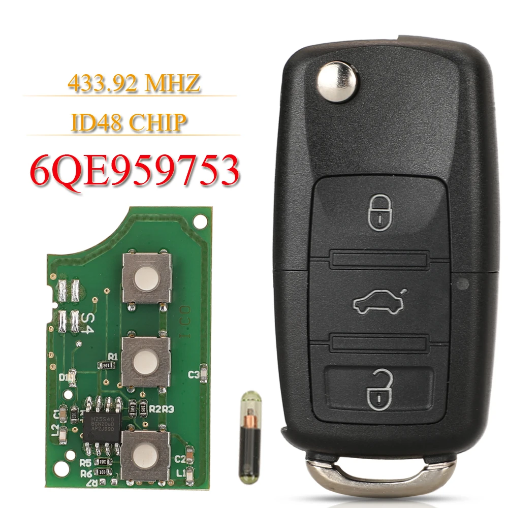 Jingyuqin 3 Pulsanti 6Qe 959 753 Flip Remote Car Key Fob 434Mhz Per Volkswagen Vw Fox Gol Sharan 2010 + Saveiro2009-2012 6Qe959753