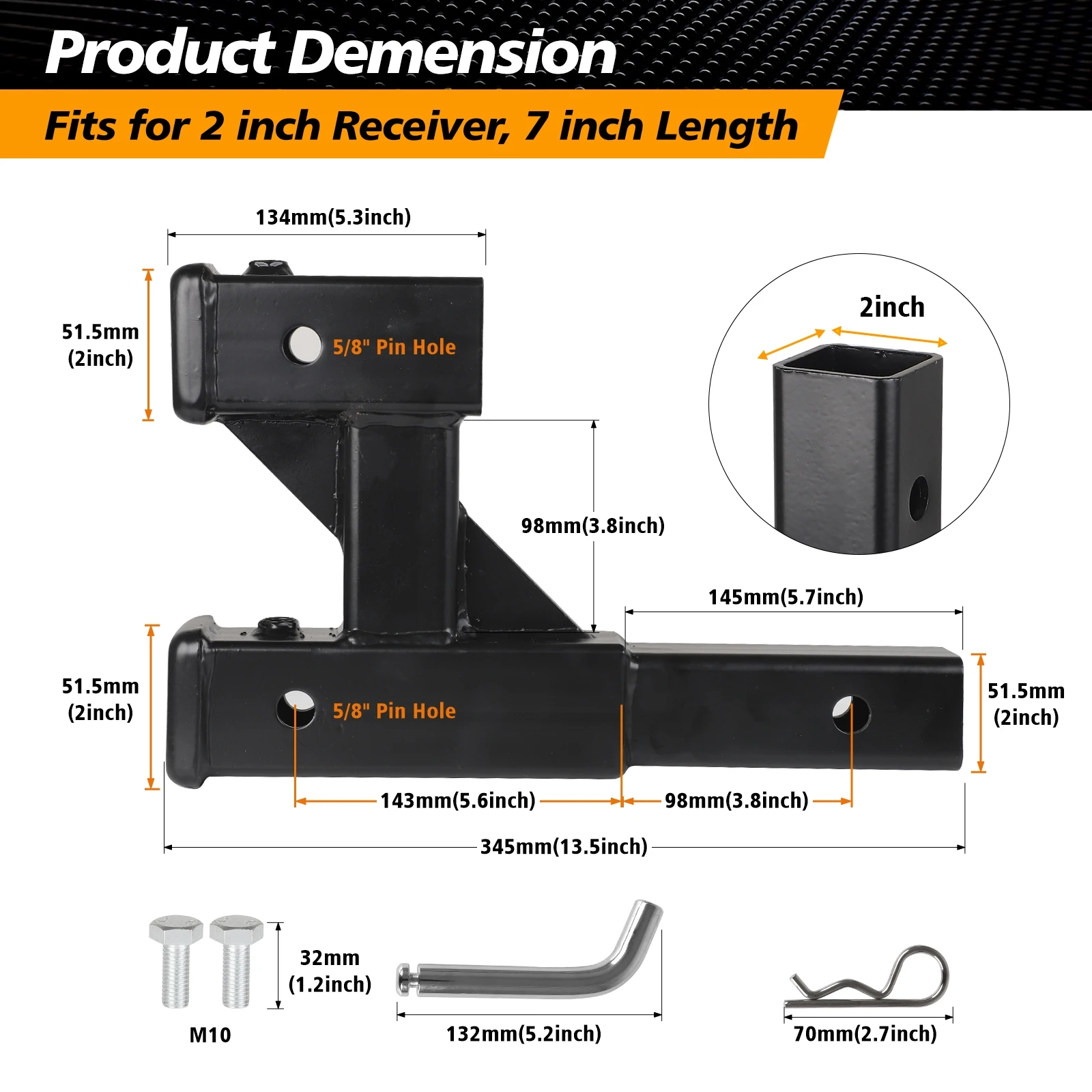 Trailer Hitch Riser Dual Hitch Extension with Bolt Nut Kit Fits for 2 inch Extender to 10 inch Max Length Adjust 7-1/2 Riser or Drop 4,000 lbs