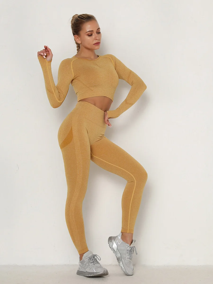 

Pleated seamless yoga suit women's high-waisted peach tight-fitting sports long-sleeved fitness yoga pants two-piece set