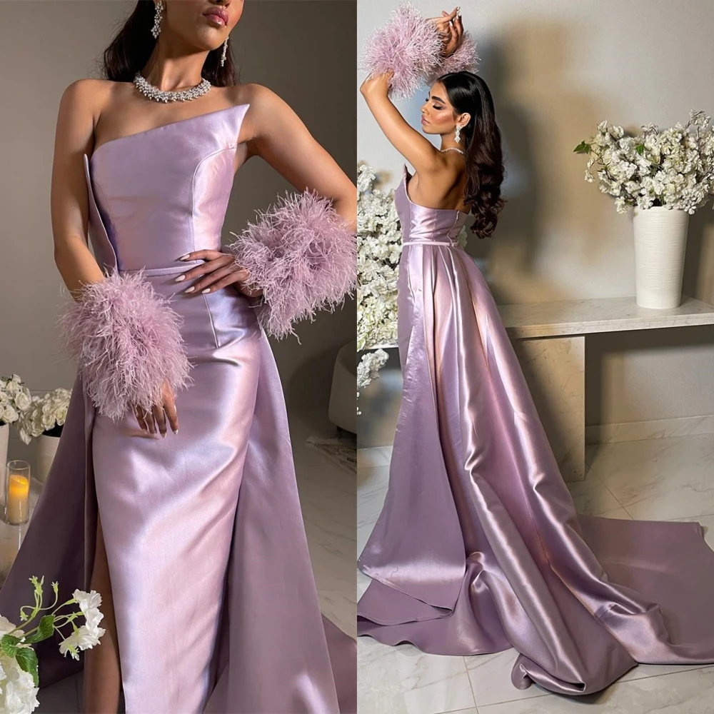 

Eleagnt Strapless Floor Length Prom Dresses with Slit Sheath Party Dress Sleeveless Backless Feathers Satin Formal Evening Gowns