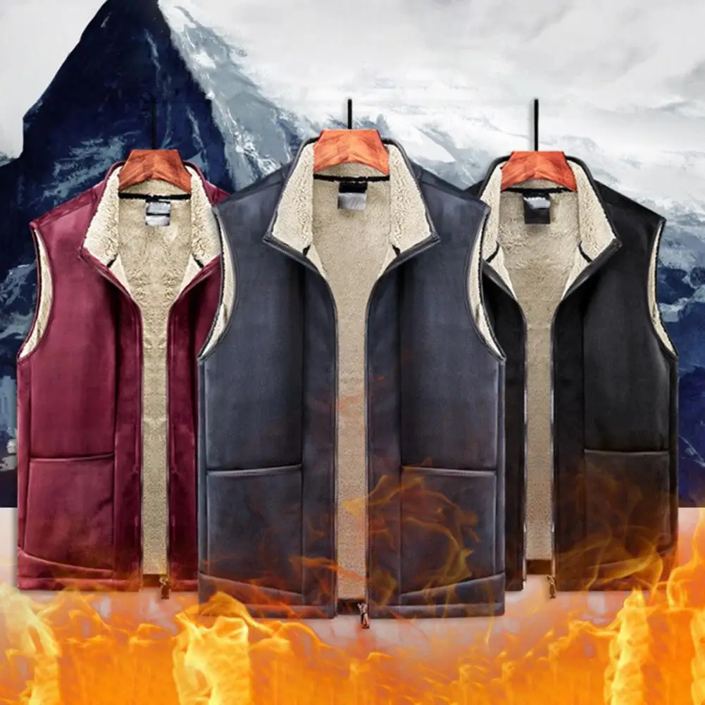 Men Winter Vest Zipper Stand Collar Fleece Solid Color Big Pockets Keep Warm Sleeveless Plus Size Cardigan Winter Vest Coat for