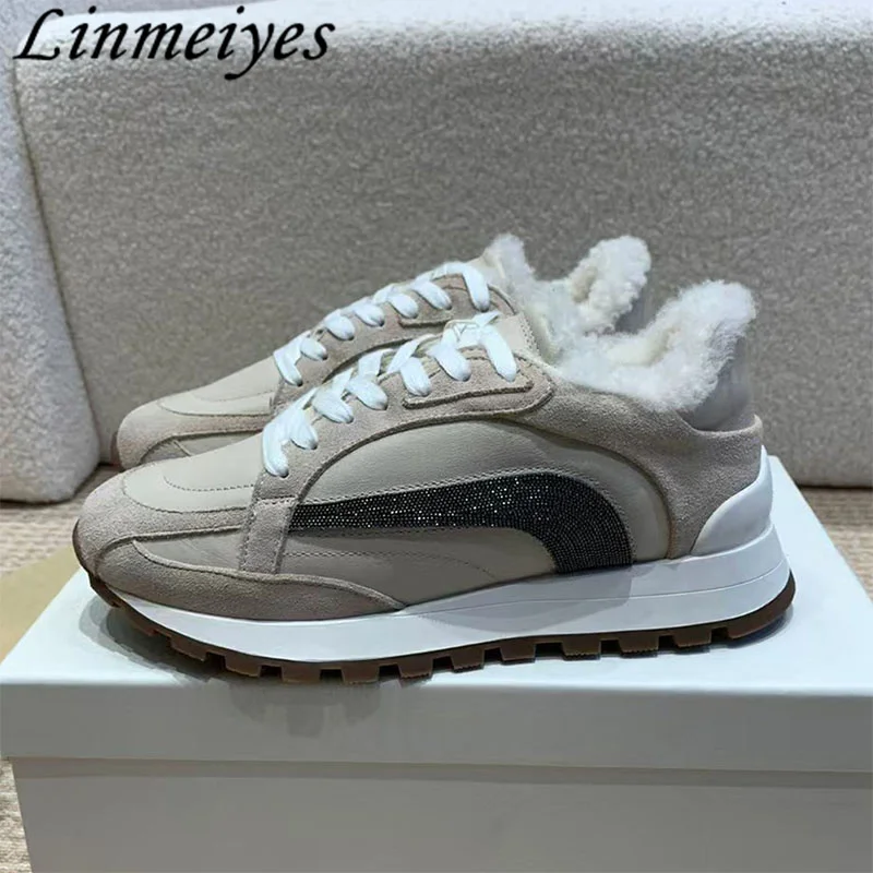 Women Casual Sneakers Round Toe Lace Up Flat String Bead Suede Leather Running Shoes Winter Wool Warm Sports
