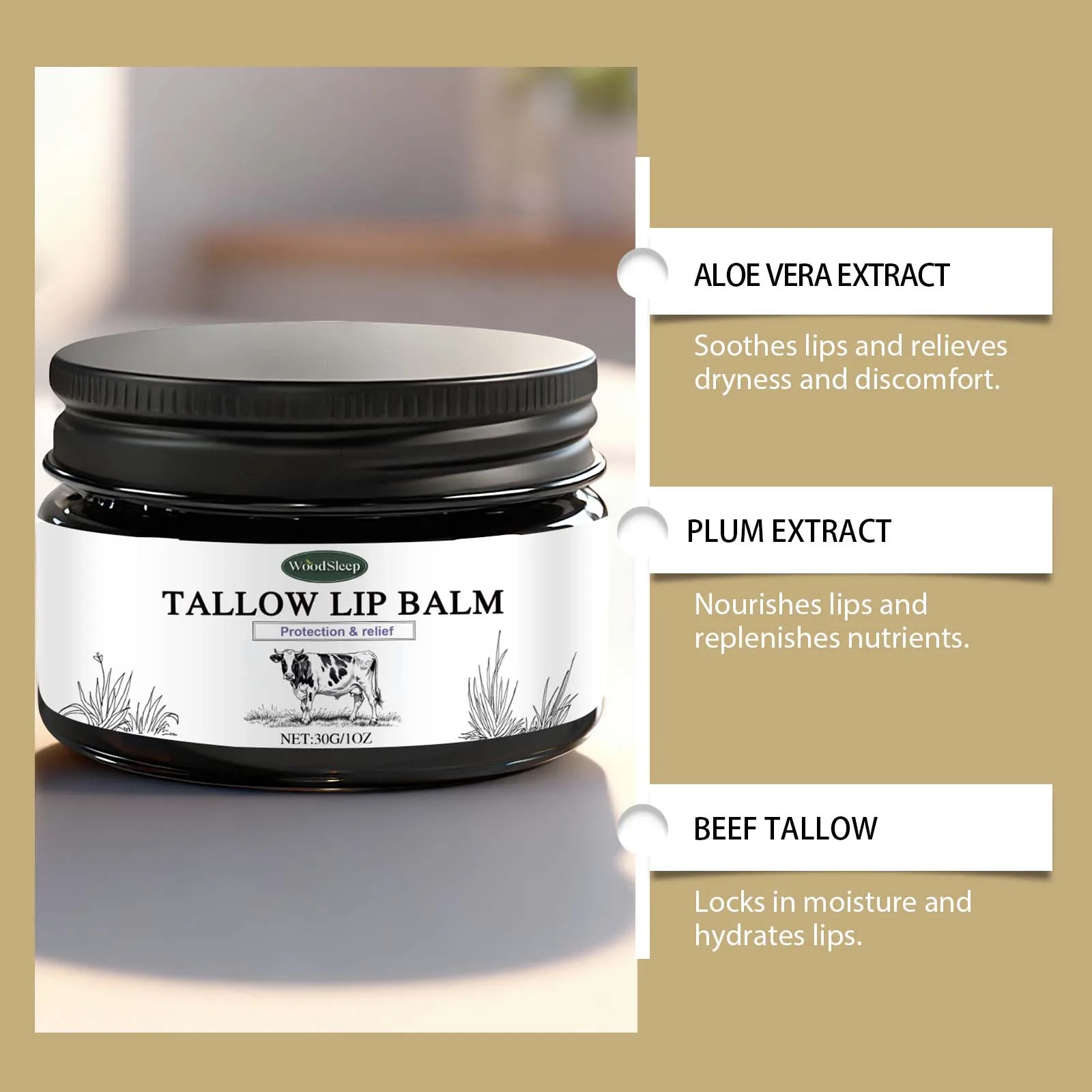 Tallow Lip Balm - A Daily Lip Care Balm for Softening & Moisturizing Dry Lips and Maintaining Lip Hydration