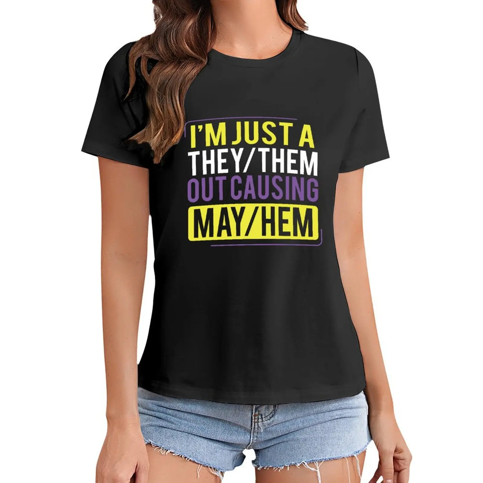 

They Them Out Causing Mayhem Funny Non Binary T-Shirt female kawaii clothes funny graphics Top Women