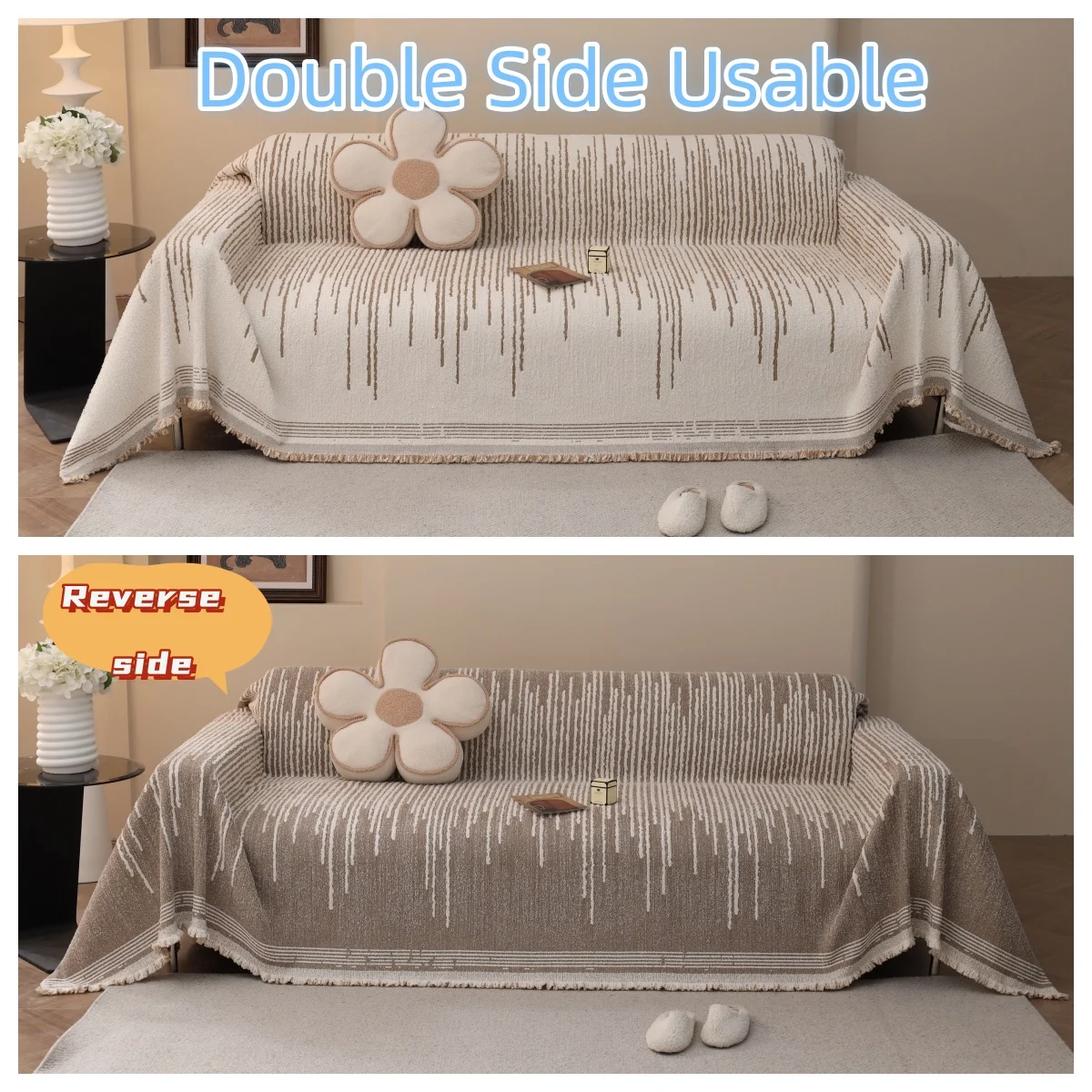Fluffy Lines Stripes Jacquard Sofa Towel with Tassels, Double-side, for Living Room Camping Picnic Large Blanket Leisure Relax 5