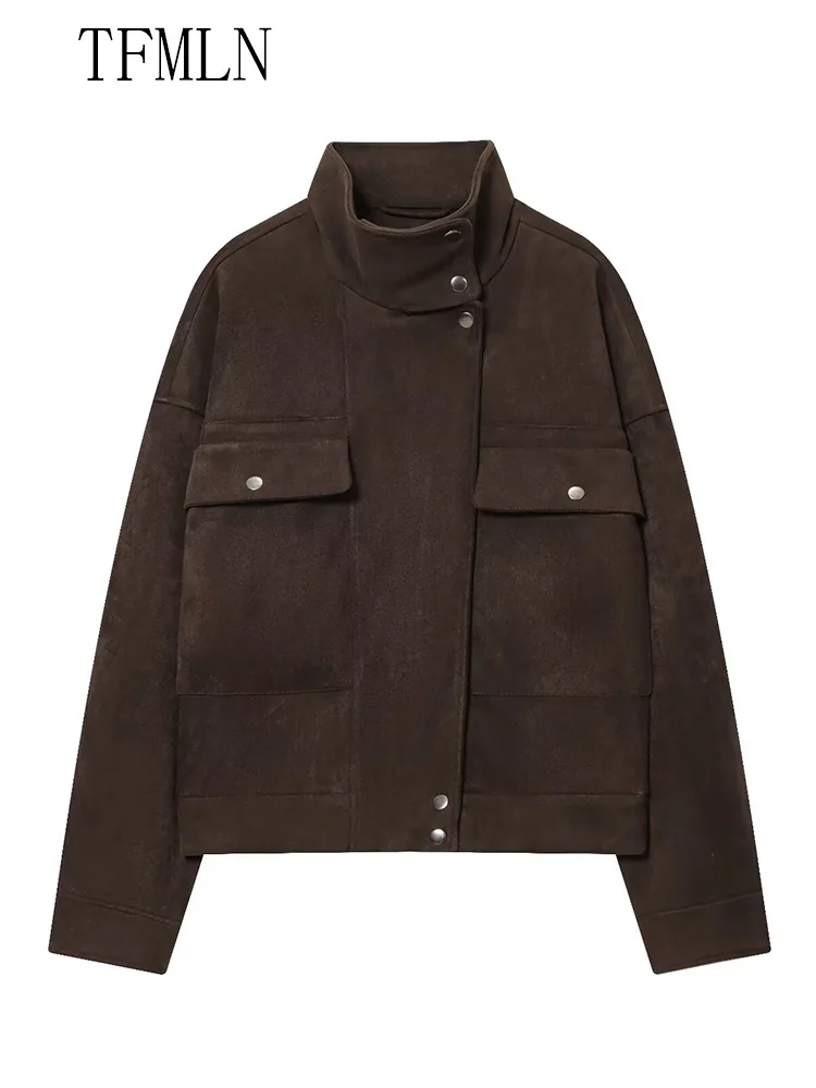 2025 Autumn Women Causal Jackets Fashion Chic Zipper Long Sleeve Street Style Coats Vintage Stand Collar Pockets Ladies Outwear