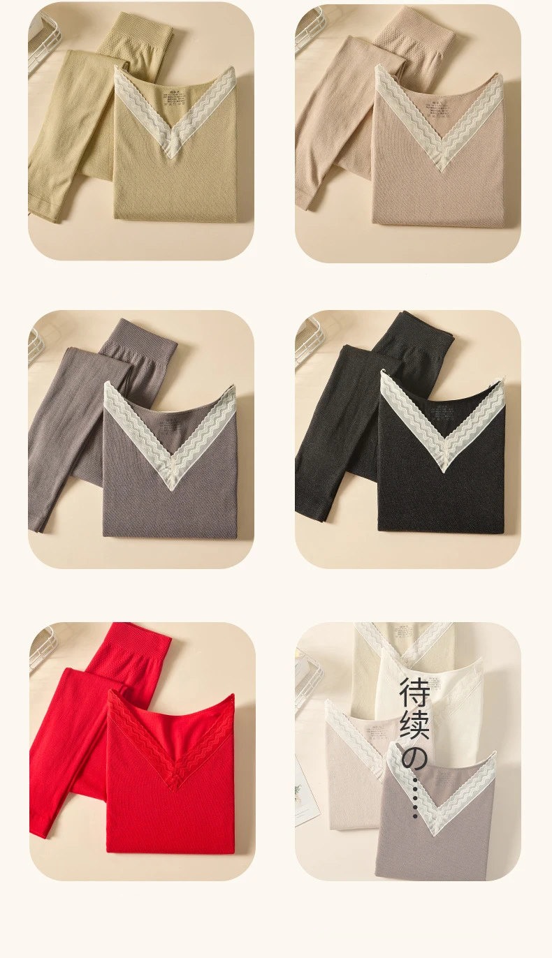 Thermo-Unterwäsche-Set, sexy Spitze, Damen-Winterkleidung, Wolle, Baumwolle, V-Ausschnitt, nahtlos, dünn, warm, Tops, Hosen, Leggings, Thermo-Unterwäsche – Detail 22