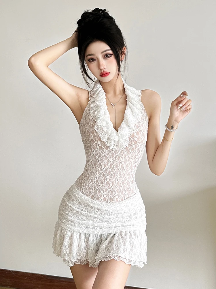 Nibber Sexy Lace Dress Women Halter Dark Lines Frenulum Skinny Three-Dimensional Flowers Ornament Vacation Trend Mini Bodycon