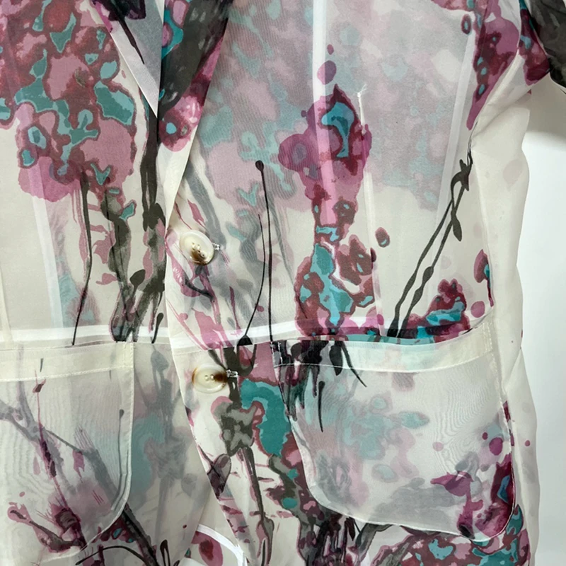 Men Blazers Men's Elegant Plum Blossom Printing Suit Coat Perspective Organza Designer China-Chic Autumn Blazers Coat 21Z2118