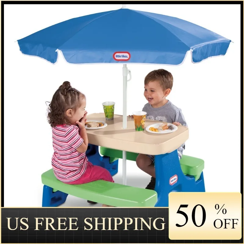 

Little Tikes Easy Store Jr. Picnic Table with Umbrella, Blue & Green - Play Table with Umbrella, for Kids, Outdoor Furniture