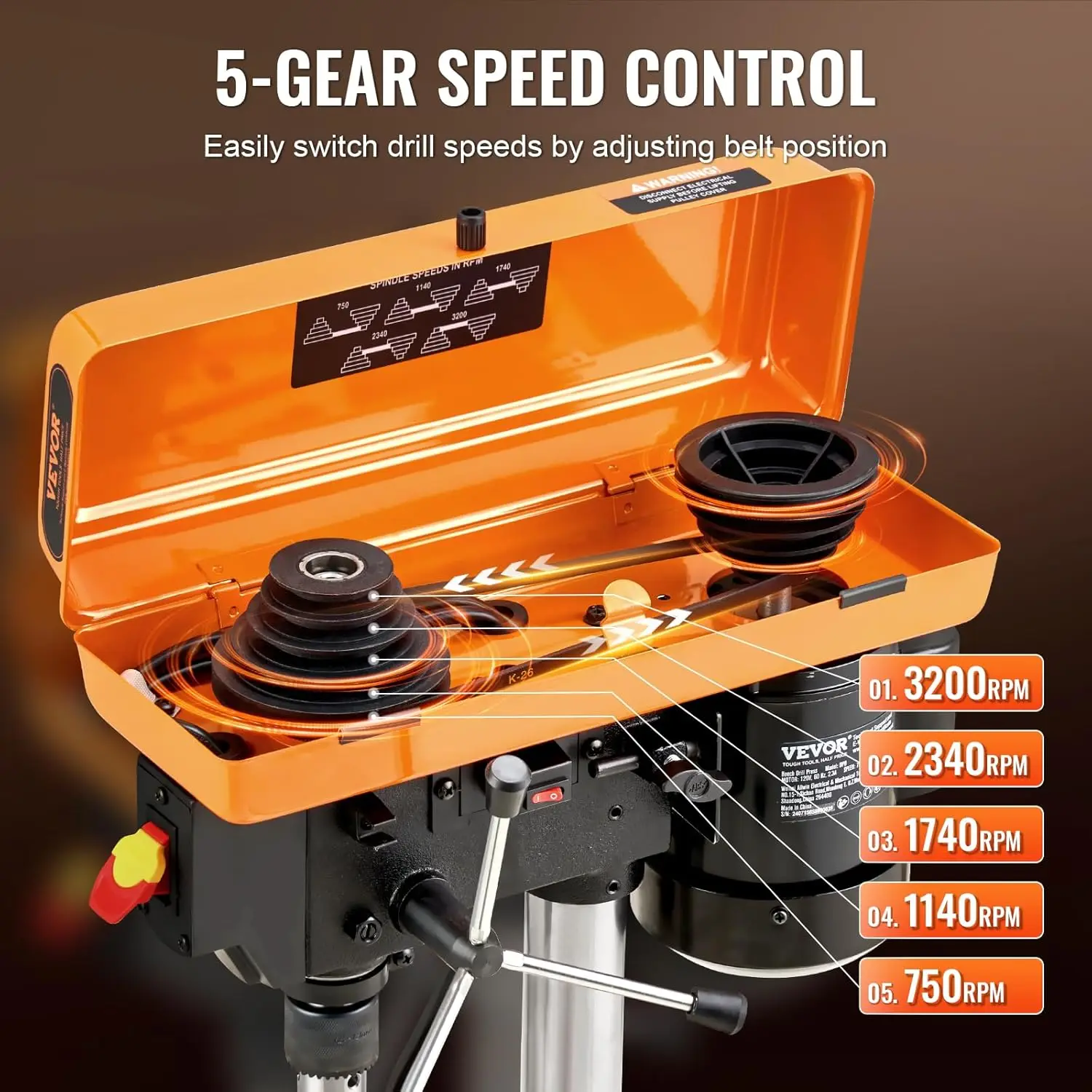 8 in Benchtop Drill Press, 2.3A Induction Motor,Tabletop Drilling Machine with 750/1140 / 1740/2340 / 3200 RPM Adjustable Speed. 3