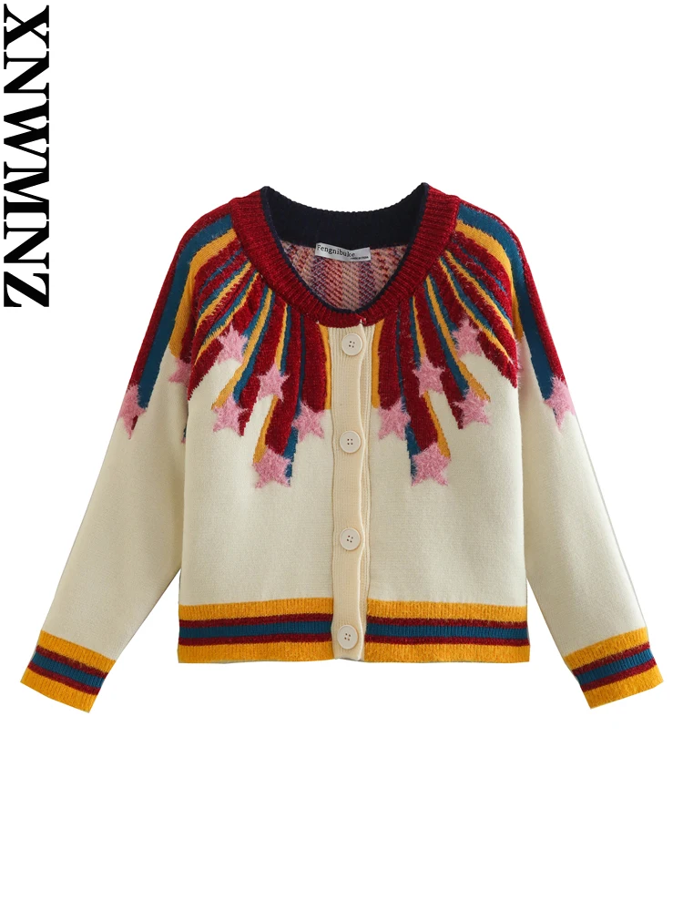 

XNWMNZ Women Fashion Contrast Knitted Sweater Jacket Woman Vintage O Neck Long Sleeve Front Button Top Female Chic Cardigan