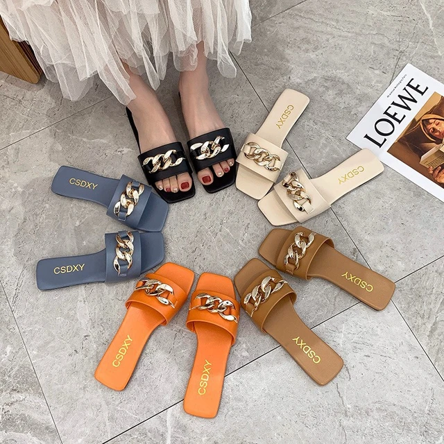 2022 New Fashion Women's Slippers Square Toe Chain Slippers Flat Slide  Sandals Beach Flip Flops Metal Decoration Casual Shoes