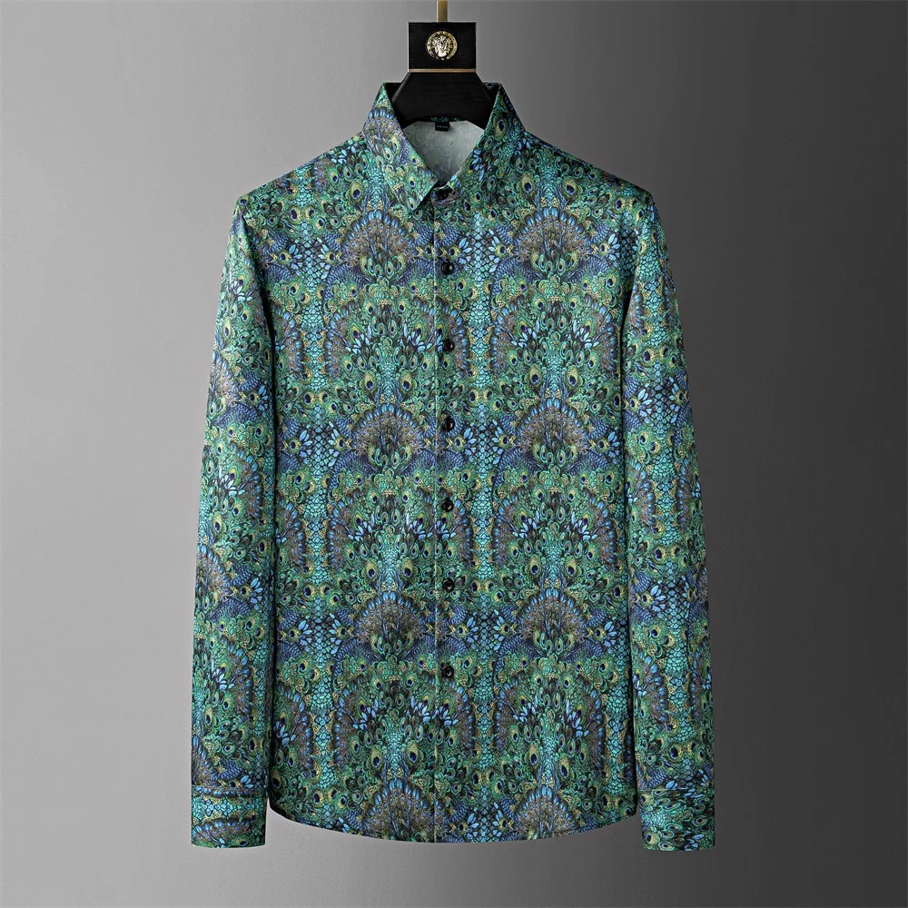 

Brand Clothing Peacock Printed Men's Shirt 2023 Autumn Long Sleeve Casual Shirts Fashion Slim Fit Business Social Party Blouse