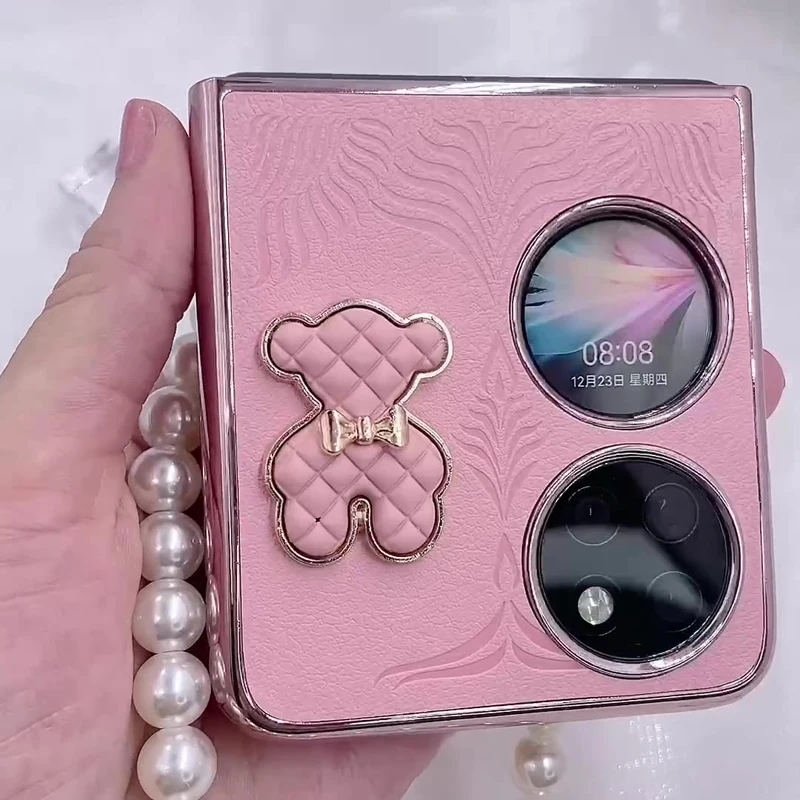 Funda Case for Samsung Galaxy Z Flip4 Z Flip3 Pink Bear Pearl Bracelet Shockproof Protetcion Mobile Phone Case Cover ZFlip4