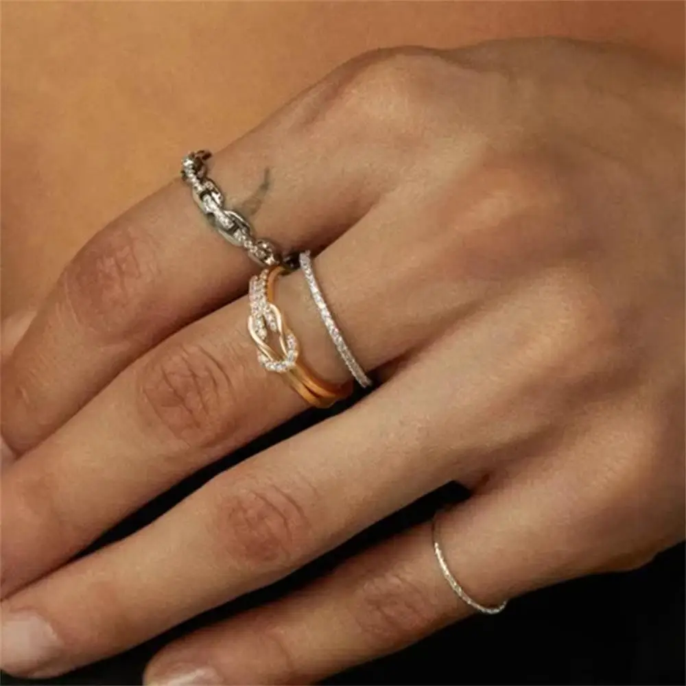 Vintage Flower Petal Hollow Irregular Rings Women Sparkling Zircon Knot Bowknot Wedding Finger Ring Simple Gold Plated Jewelry