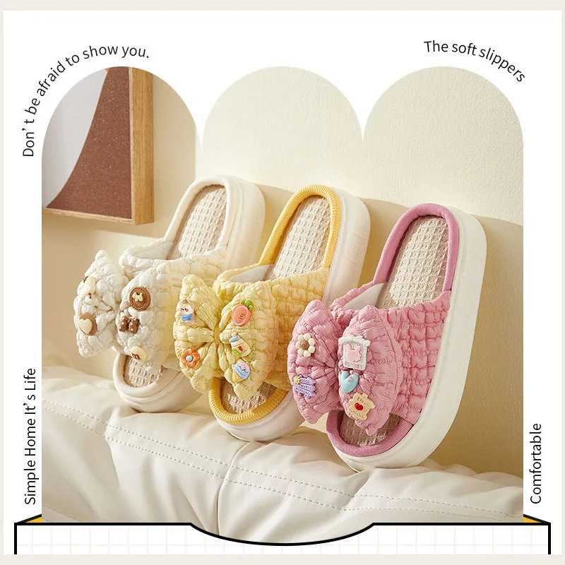 Hemp tow spring and summer cute bow female style outside the home to wear thick-bottomed latex linen slippers four seasons drag