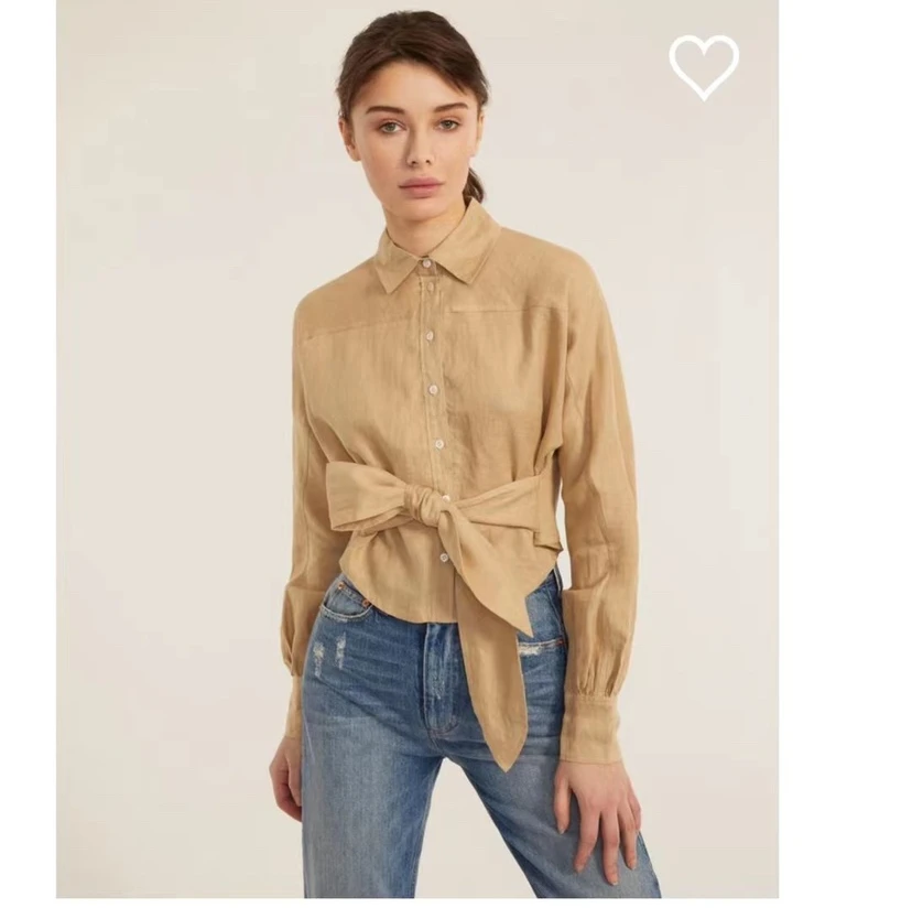 

Women Long Sleeve Bandage Waist Short Linen Blouse Shirt
