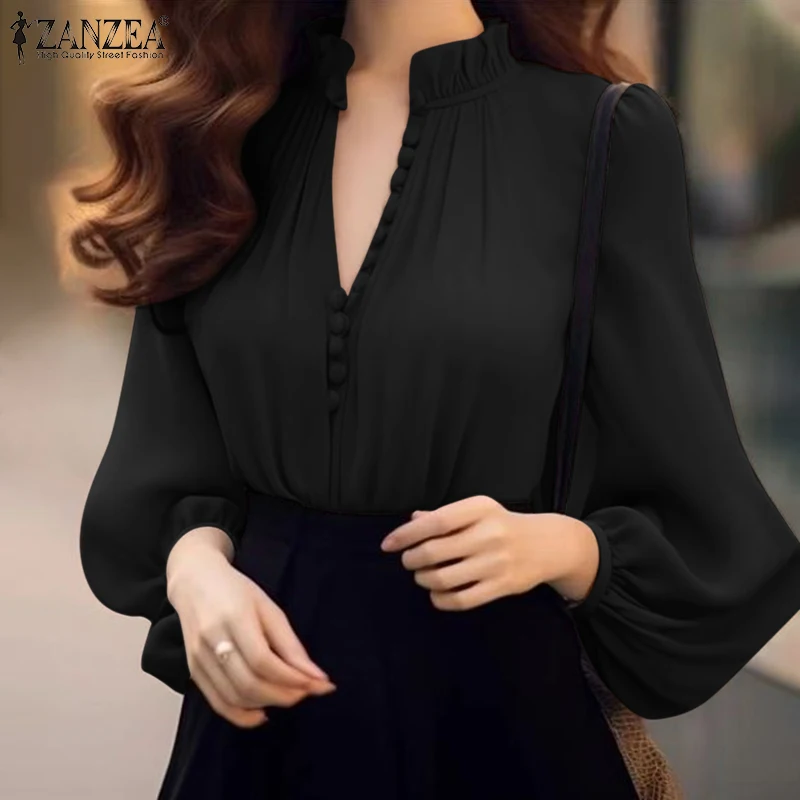 ZANZEA-قمم فانوس طويلة الأكمام ، قميص فضفاض برقبة...