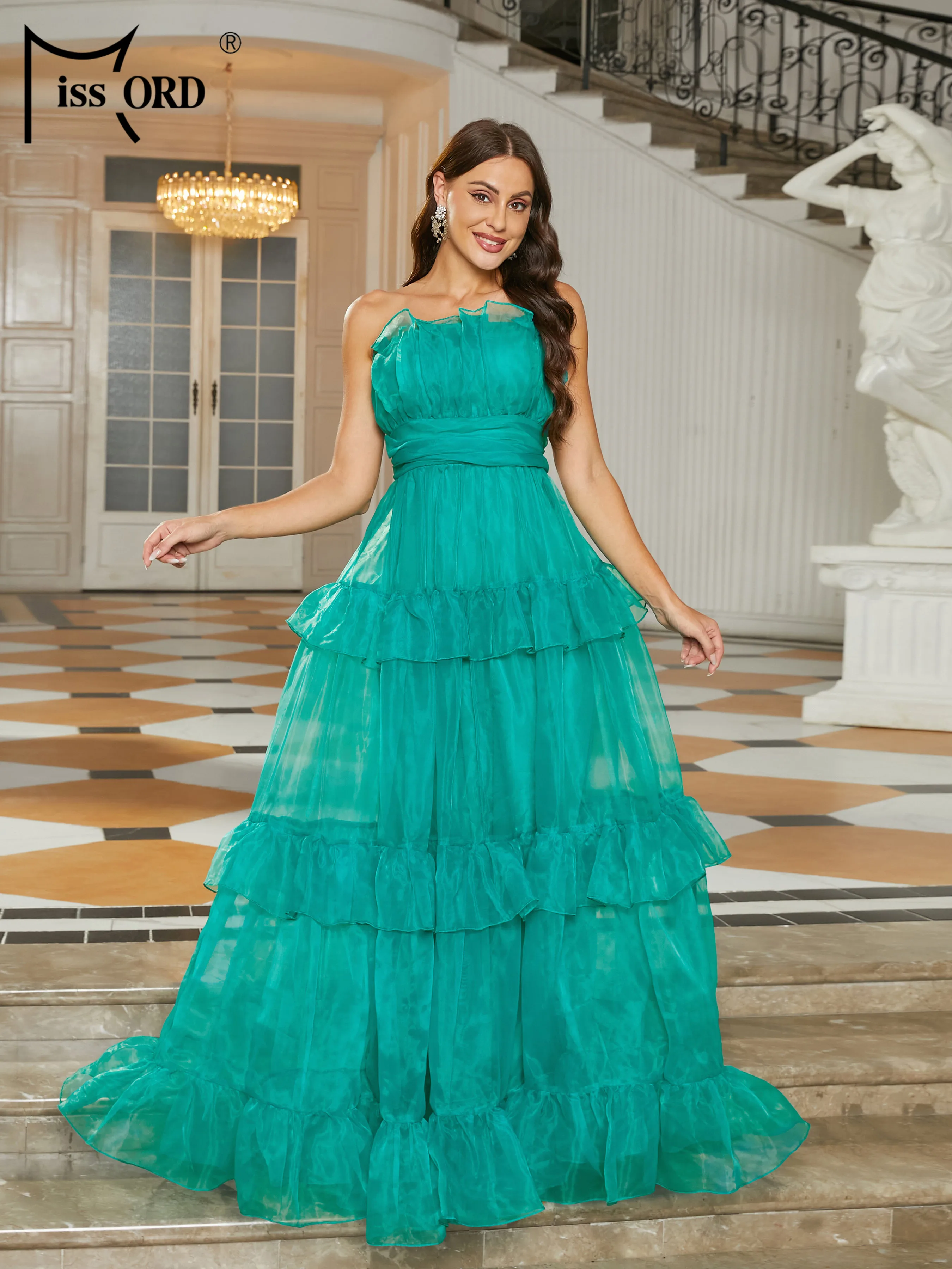 

Missord Elegant Green Voile Tutu Party Dress Women Strapless Ruffles A-line Loose Prom Evening Dresses Long Ball Gown