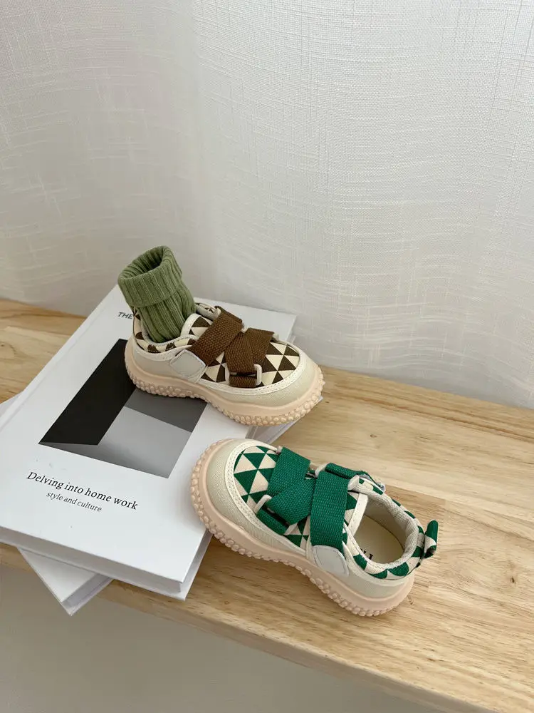 

Korean Version Kids Shoes Canvas 2023 New Spring Autumn Casual Fashion Baby Shoes Sneaker Breathable Geometric Hook & Loop