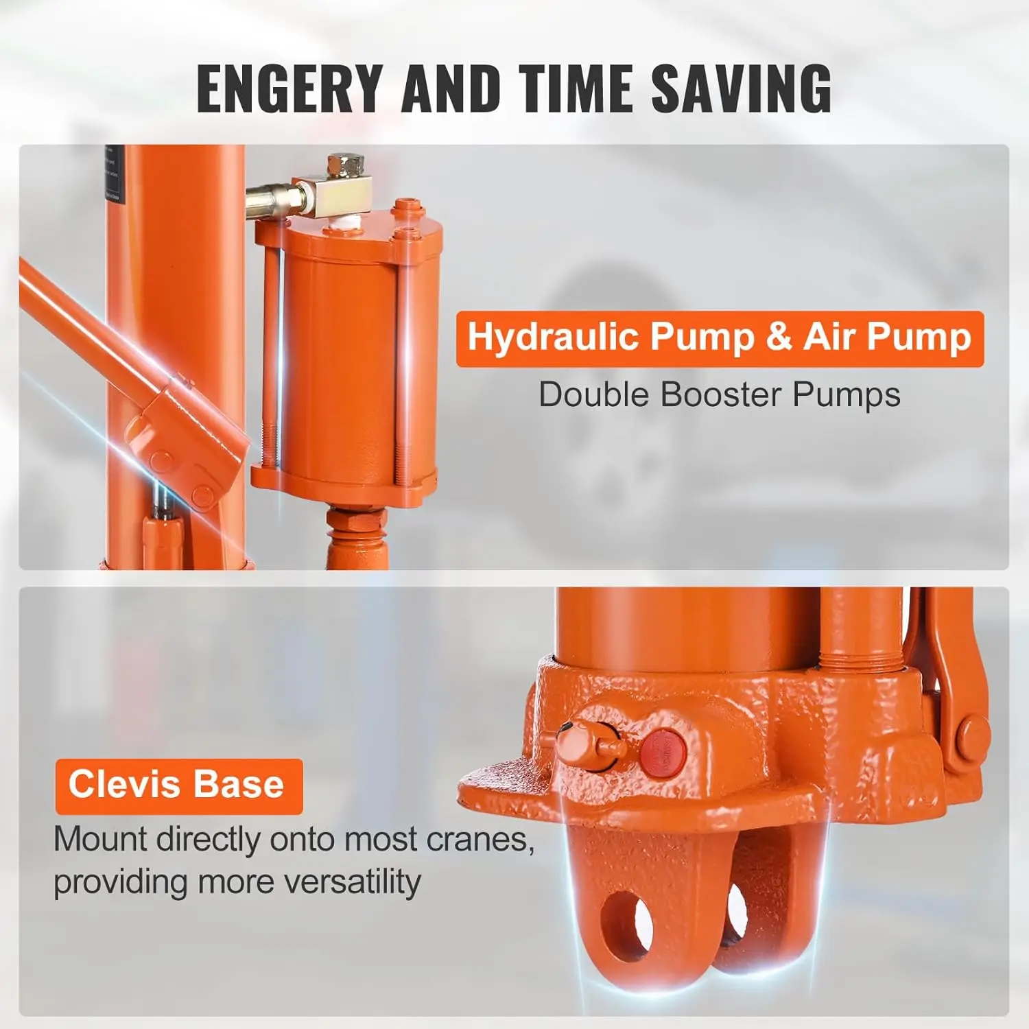 Long Ram Jack, 8 Ton Engine Hoist Cylinder with Air Pump and Single Piston Pump, Hydraulic Ram Cylinder Clevis B 5