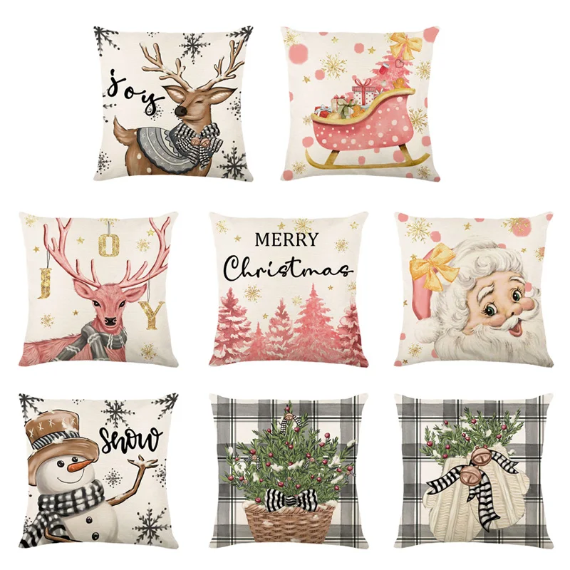 

45cm Merry Christmas Cushion Cover Pillowcase Christmas Linen Sofa Pillow Cover Home Ornament Noel New Year Decor
