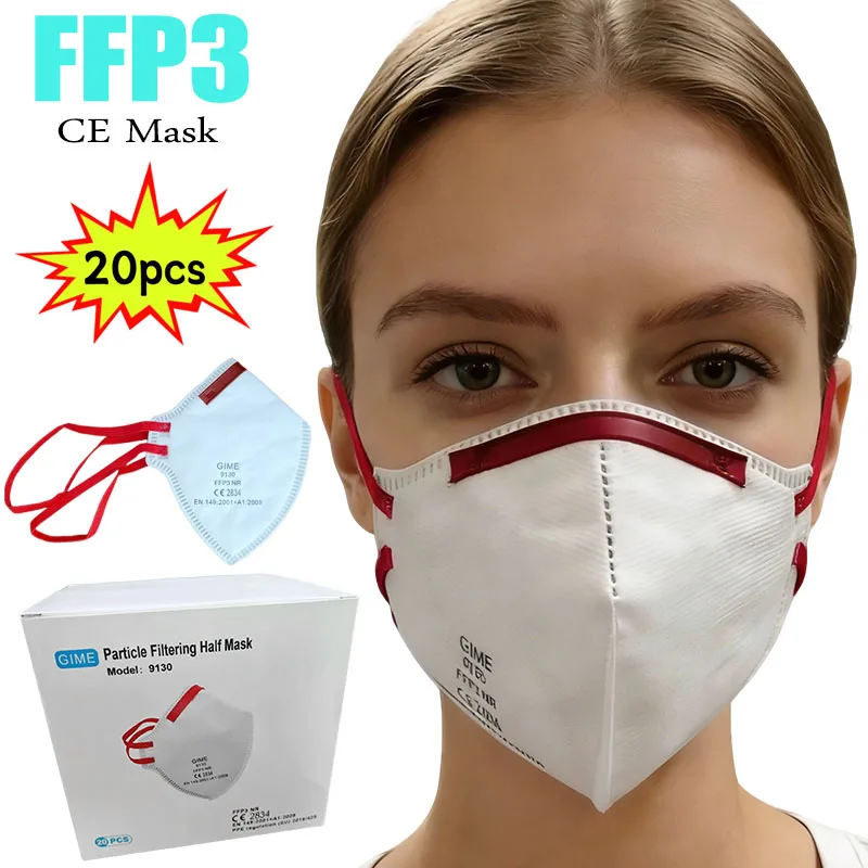 Vue de face du masque FFP3 montrant les 5 couches de filtration et le pince-nez ajustable.