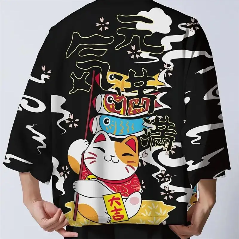 Sakura Cat Samurai Kimono | Unisex Haori Cardigan, Traditional Loose Cloak, Short Sleeve
