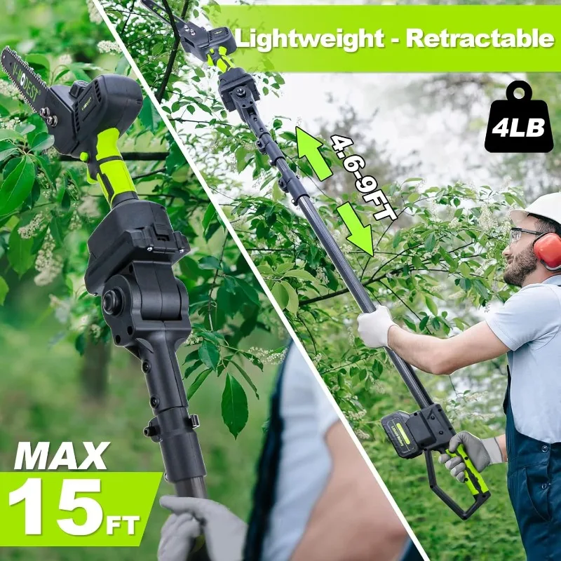 2-IN-1 Cordless Pole Saw 8" & 10" Electric Pole Chainsaw Powered by 21V 4.0Ah battery Automatic Oiler 4LB 15FT Max Extension Saw