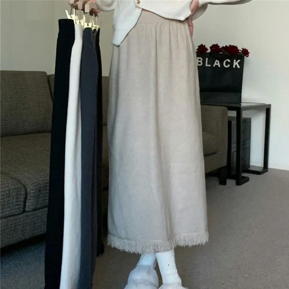 

Женская длинная облегающая юбка PLAMTEE с бахромой, однотонная элегантная вязаная уличная одежда с высокой талией и разрезом, весна 2023, шикарная свободная Офисная Женская одежда