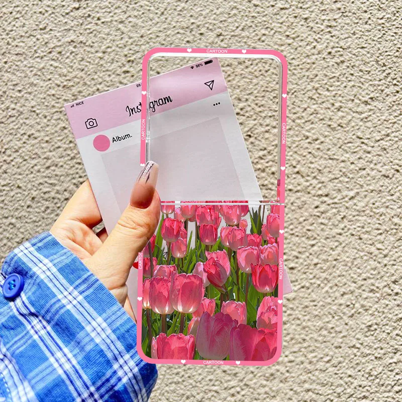 Korean Pink Tulip Floral Clear Hard Folding Phone Case Cover