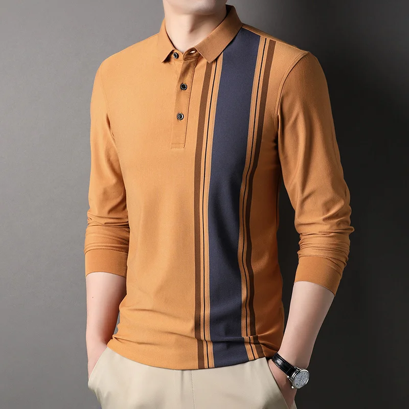 

Мужская полосатая рубашка-поло, Повседневная Однотонная рубашка-поло с длинным рукавом, в Корейском стиле, 2023