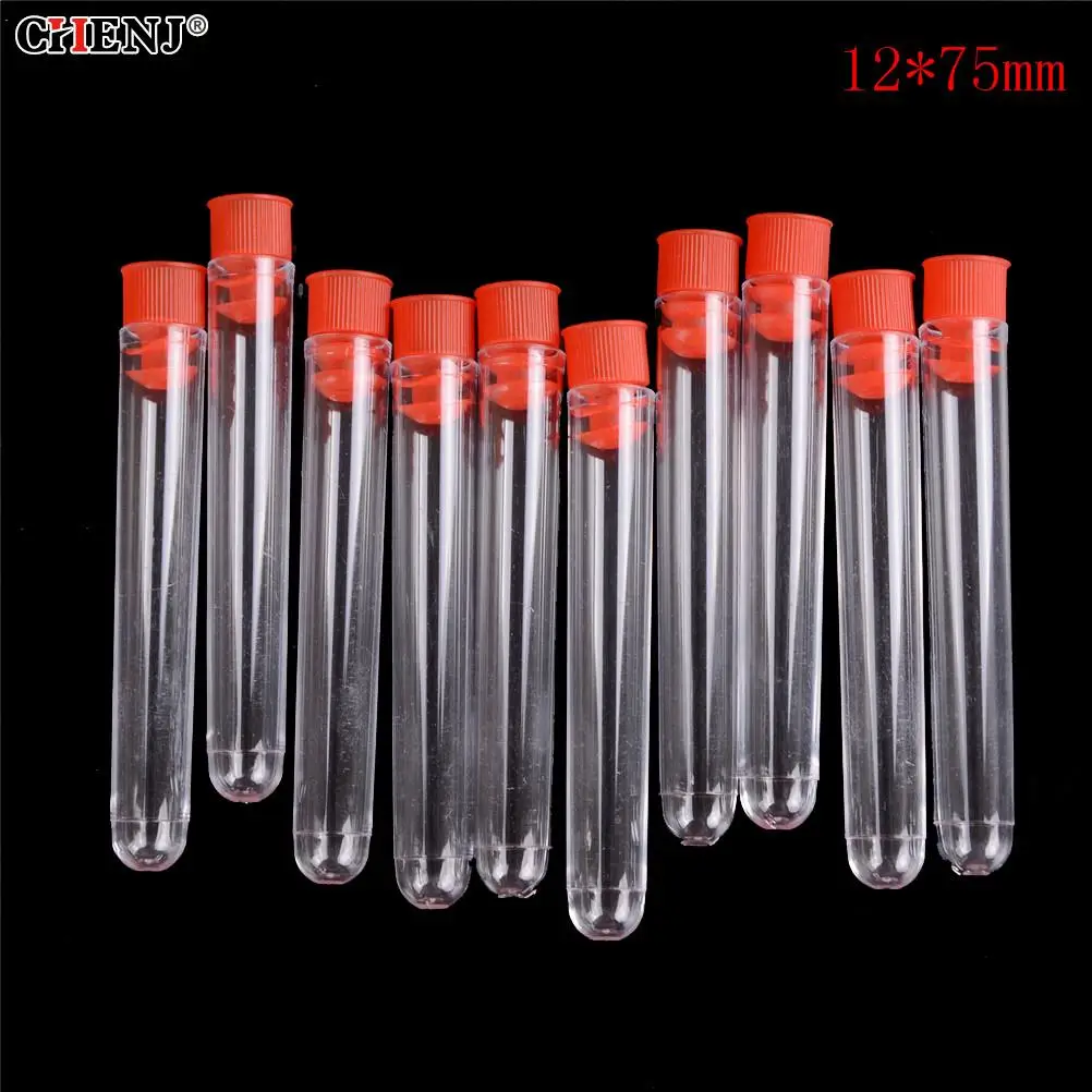 

10 шт./лот прозрачные пластиковые лабораторные пробирки с крышками Флаконы Контейнеры для образцов 12*75 мм