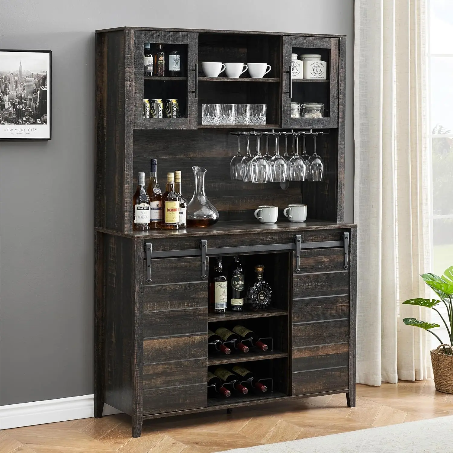 

Coffee Bar Cabinet w/ Sliding Barn Doors, 70'' Kitchen Hutch Cabinet with Storage, Wine&Glasses Rack, Tall Buffet Cabinet, Oak