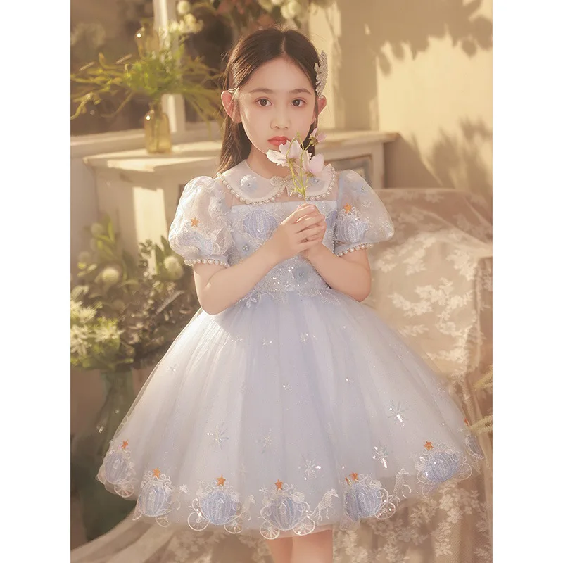 

Summer Princess Girls Dress Christmas Birthday Party Kids Clothing With Bow Prom Gown Chic Polo Collar Pearls Tulle Sleeve Gowns