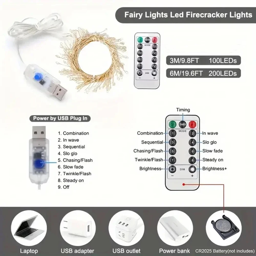 13key Remote Control 5V DC LED Firecracker Weaving String Light USB Battery Powered Fairy Lights for Wedding Christmas Festival