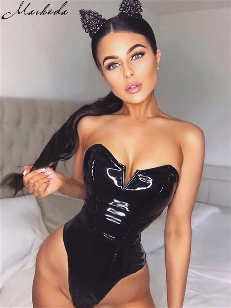 Macheda Women Black PU Leather Bodysuit Sexy Small V-neck Strapless Lady Rompers 2019 New Street Autumn Party Overalls |