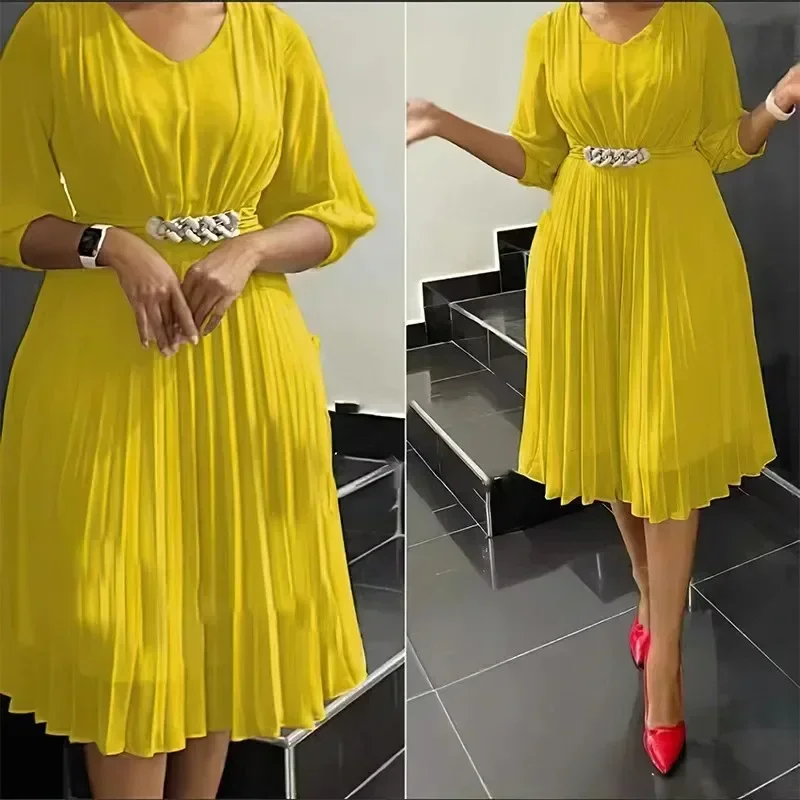 

2024 Africa Dress for Women for Evening Party Elegant African Long Sleeve V-neck Solid Color Midi Dress Dashiki African Clothes