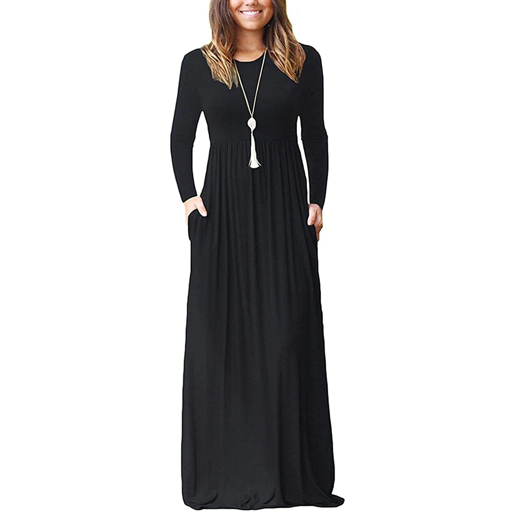 

Women's Long Sleeve Round Neck Loose Plain Empire Waist Pleated Maxi Casual Long Dresses with Pockets