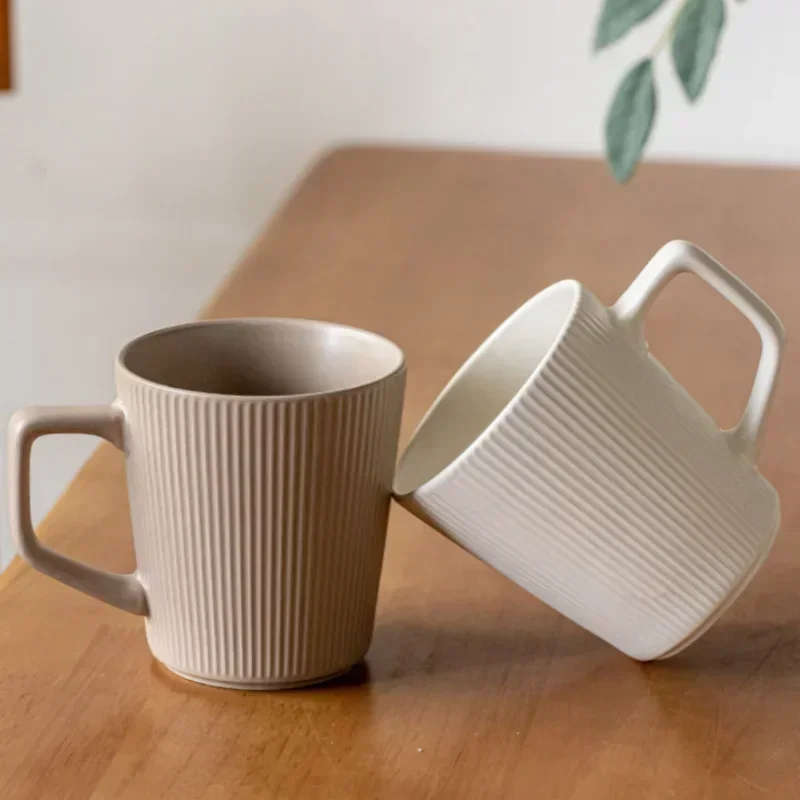 500ml Nordic Ceramic Mug Matte Relief Milk Coffee Cup with Handle Home Office Practical Water Cup Solid Color Striped Shape liji