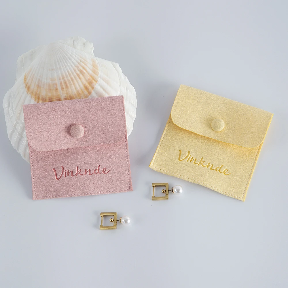 50 Personalized Logo Size Microfiber Jewelry Gift Pouch Velvet Snap Button Rings Earrings Packaging Organizer Wedding Favors Bag