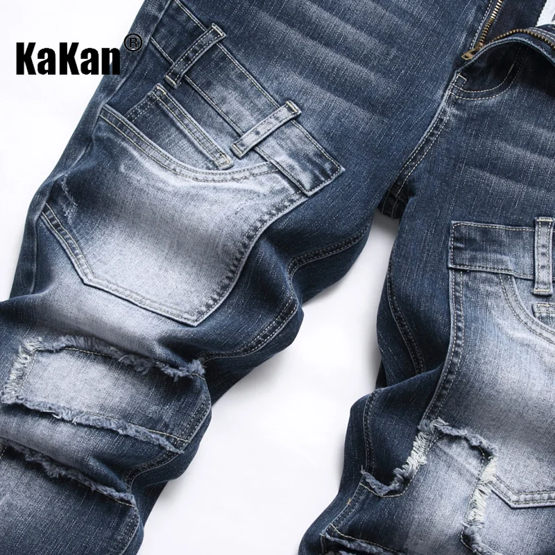 Kakan - New Elastic Slim Fit Small Feet Men's Jeans, Personalized Pocket Patch Blue Tight Long Jeans K19-8834