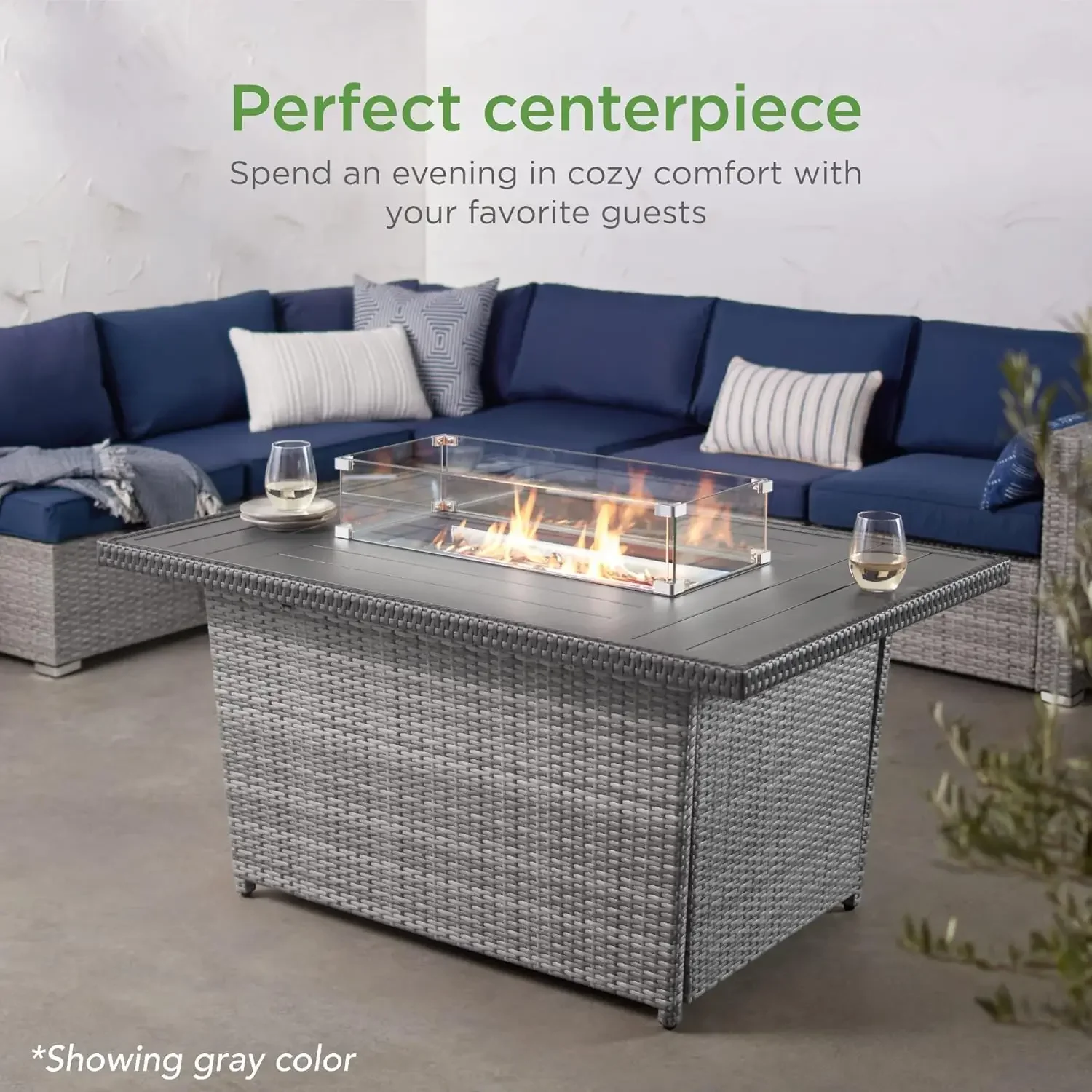 52in 50,000 BTU Outdoor Wicker Patio Propane Gas Fire Pit Table with Aluminum Tabletop Glass Wind Guard