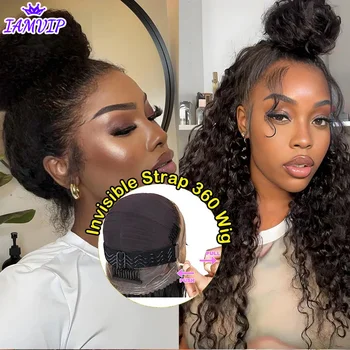 Upgrade No Glue 360 Drawstring Lace Wig Kinky Curly Deep Water Wigs Remy Human Hair Invisi Strap 360 Full Hd Lace 13x4 Front Wig 1