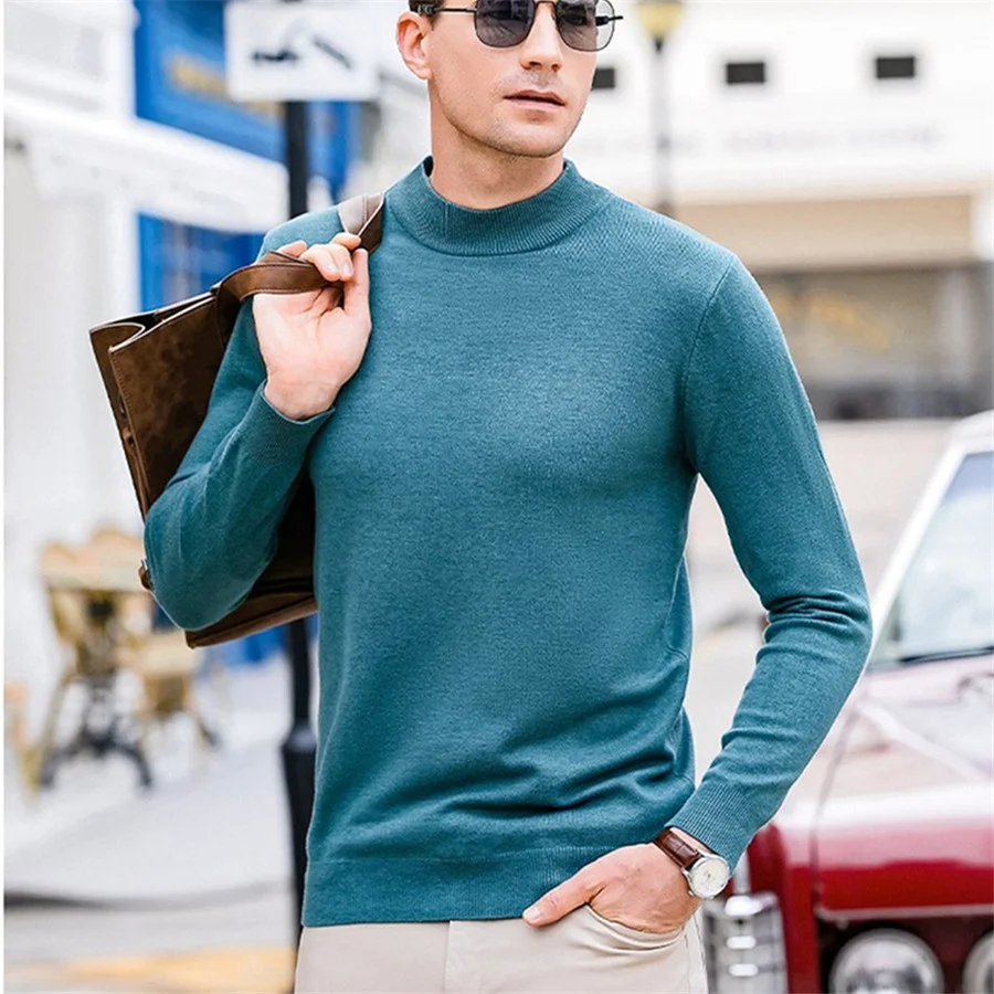 Men\'s Mock Neck 100% Woolen Sweater Autumn Winter Soft Cashmere Knitwear Men Pullover Knitted Warm Sweaters Solid Slim Tops