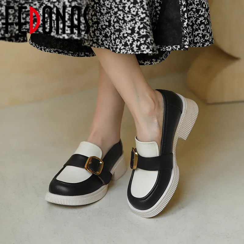 

FEDONAS Newest Women Pumps Thick Heels Round Toe Concise Casual Office Working Shoes Woman Spring Summer Genuine Leather Loafers