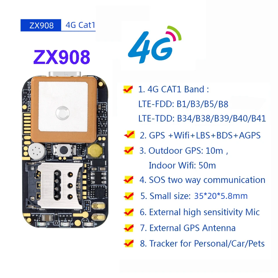Mini GPS Tracker ZX905 2G + 4G Chip LTE CAT-1 Tracking PCBA GPS