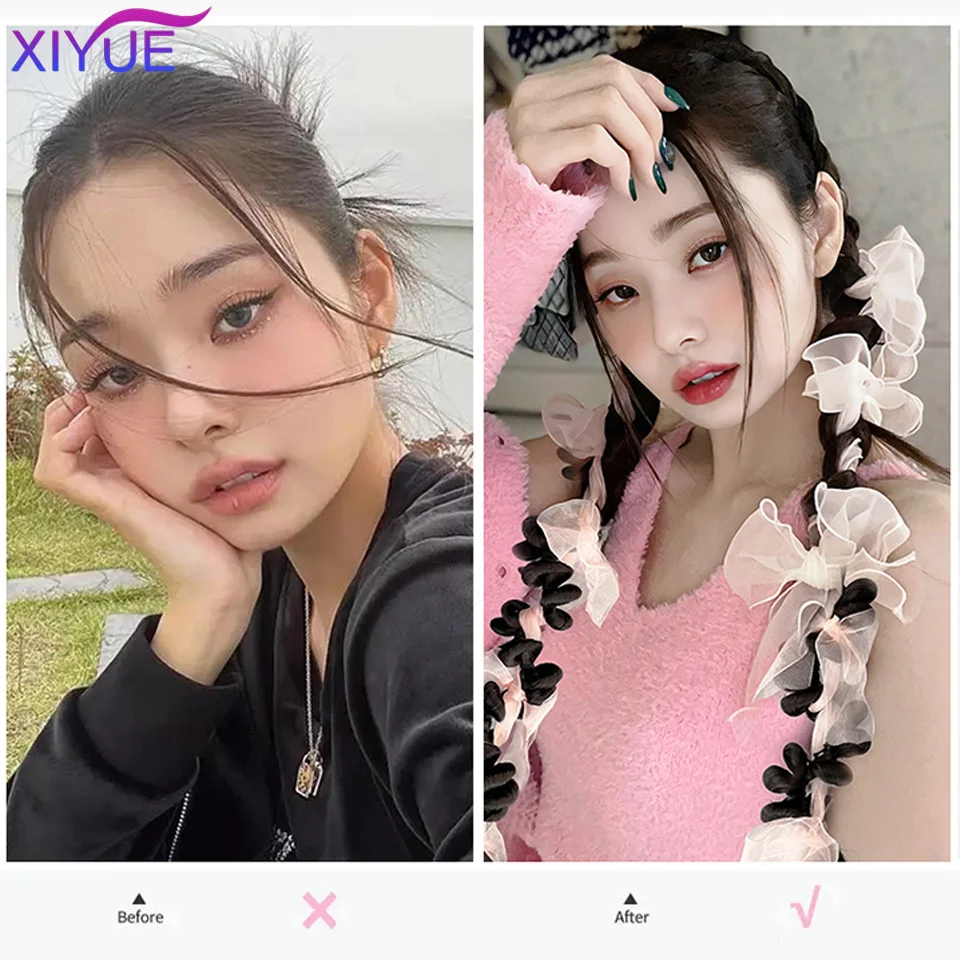 XIYUE 2PC Pink Ribbons tTwisted Tail Clip In Ponytail Hair Extension Heat Resistant Synthetic Natural Double Horse Tail