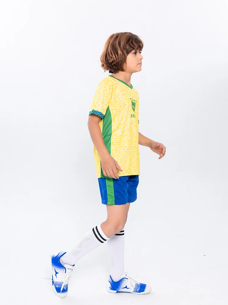 Suruida Kids' Brazil Football Jersey Boys and Girls Sport Sets Quick Dry Children Soccer Jersey Kits